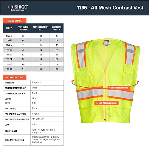Miniatura 7 de ML Kishigo Chaleco de seguridad, fresco, de poliéster, color verde lima, con malla y varios bolsillos, M, Lime, 1