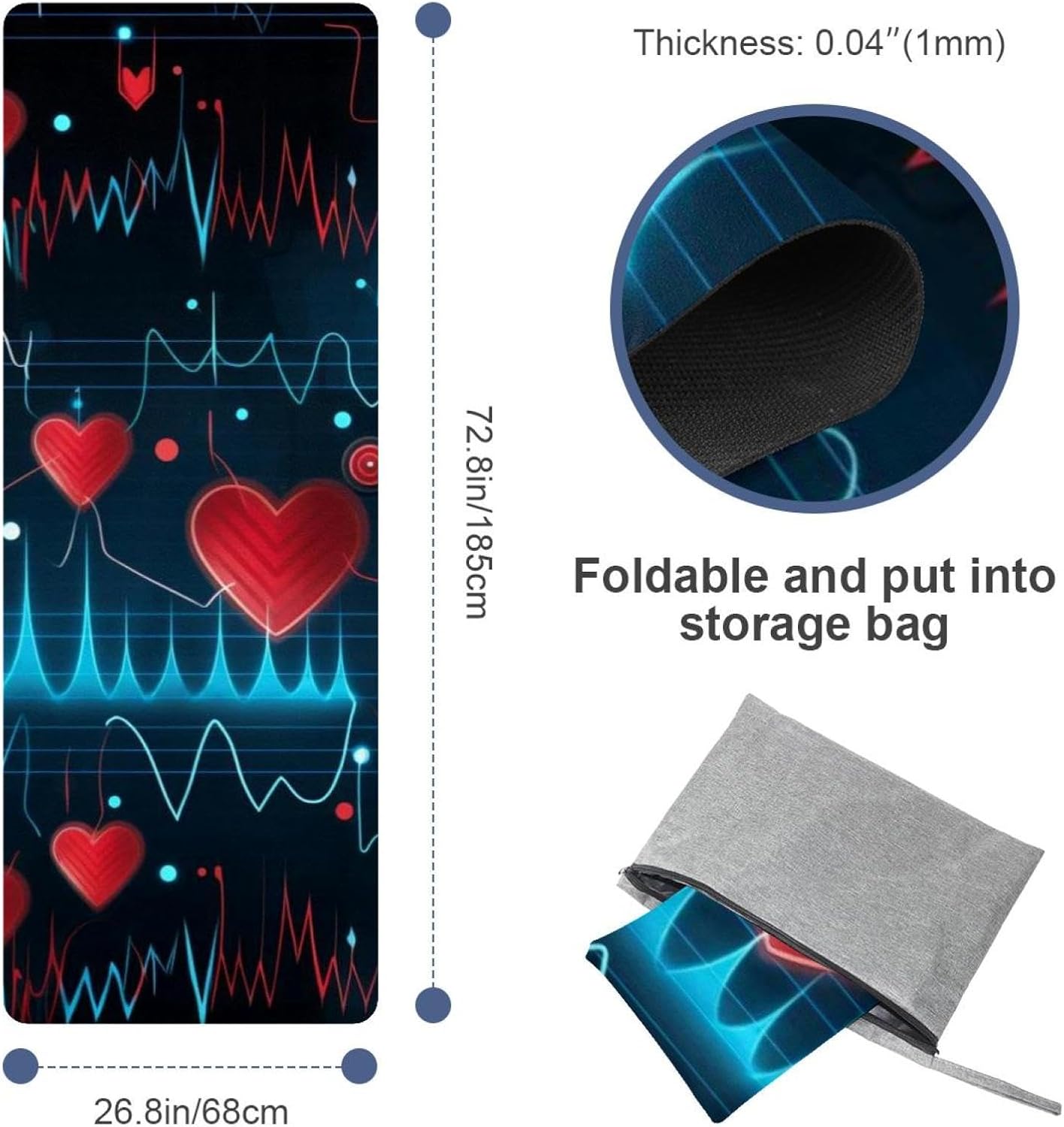 Yoga Towel, Love Heart Pattern Non Slip Sweat Absorbent Hot Yoga Mat Towel for Hot Yoga, Pilates and Fitness - 72.8" x 26.8"