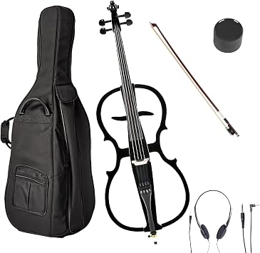 Electric Cello 4/4 Full Size Ebony Fittings with Lightweight Cello Bag, Headphones, Bow, Bridge, Rosin, Cello for Beginners AdultsMetallic Black Metallic- Black-Cellos