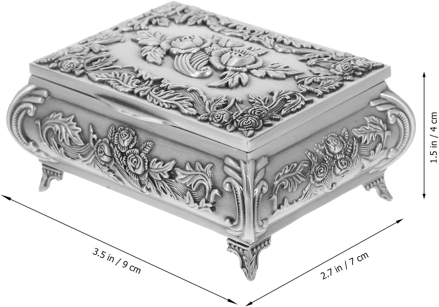 Vintage Rose Relief Jewelry Box Zinc Alloy Retro Trinket Organizer with Footed Base European Style Jewelry Storage Case for Rings and Earrings
