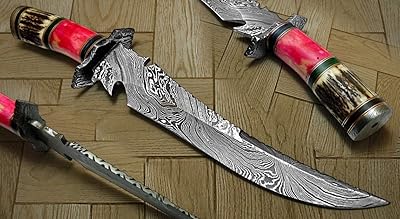 KE-01192-HK Custom and Handmade Damascus Steel Hunting Knife with Leather Sheath