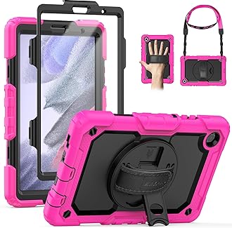 SEYMAC Case for Samsung Galaxy Tab A7 Lite 8.7" (SM-T220/ T225/ T227), Heavy Duty Full-Body Shockproof Protective Case with Screen Protector, Rotating Stand, Hand/Shoulder Strap, Pink