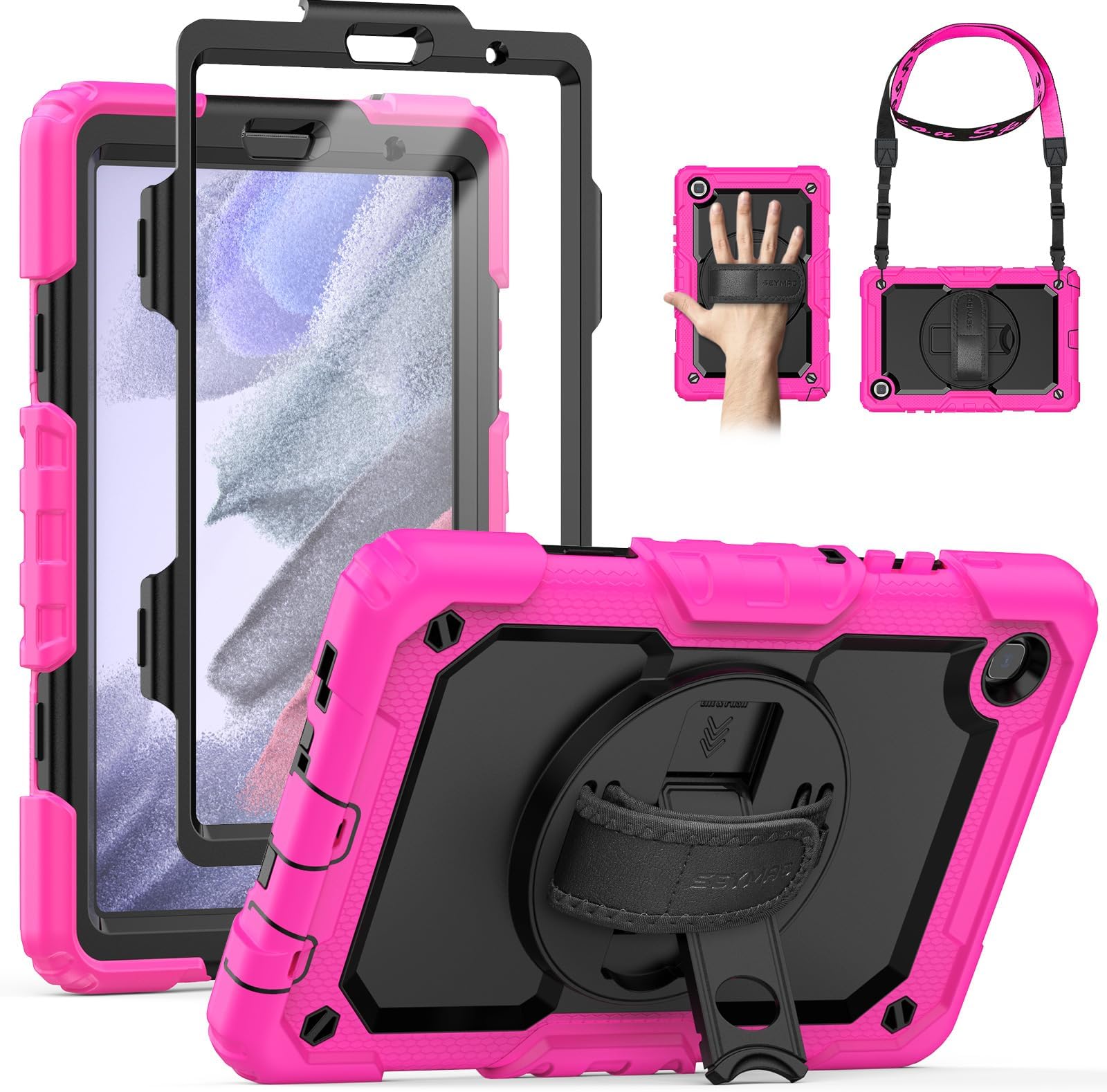 SEYMAC Case for Galaxy Tab A7 Lite 8.7 inch 2021 SM-T220/T225, Heavy Duty Rugged Protective Case with Screen Protector [Hand Strap/Stand] Shoulder Strap for 2021 Samsung Tab A7 Lite 8.7'' Black/Pink