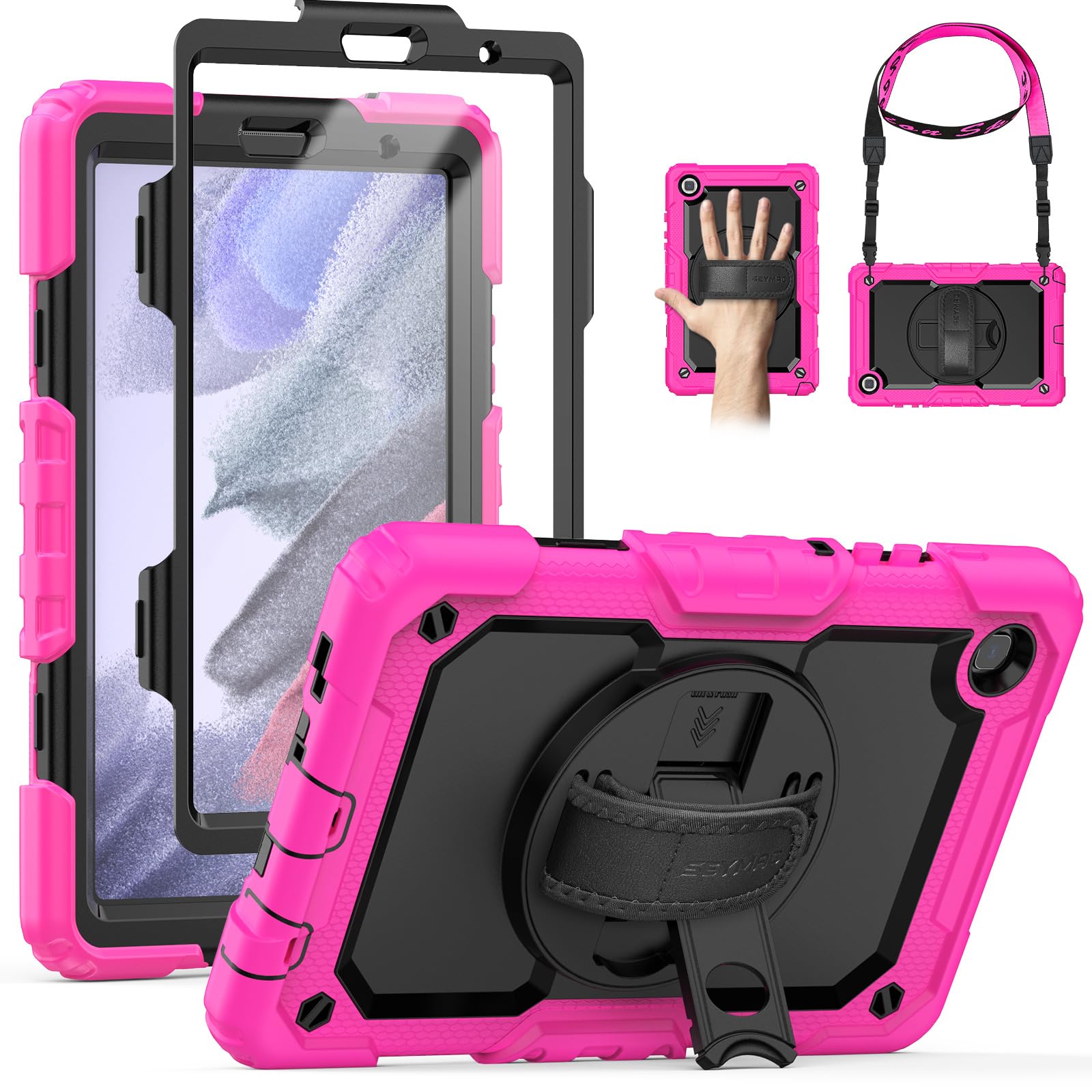 SEYMAC Case for Galaxy Tab A7 Lite 8.7 inch 2021 SM-T220/T225, Heavy Duty Rugged Protective Case with Screen Protector [Hand Strap/Stand] Shoulder Strap for 2021 Samsung Tab A7 Lite 8.7'' Black/Pink