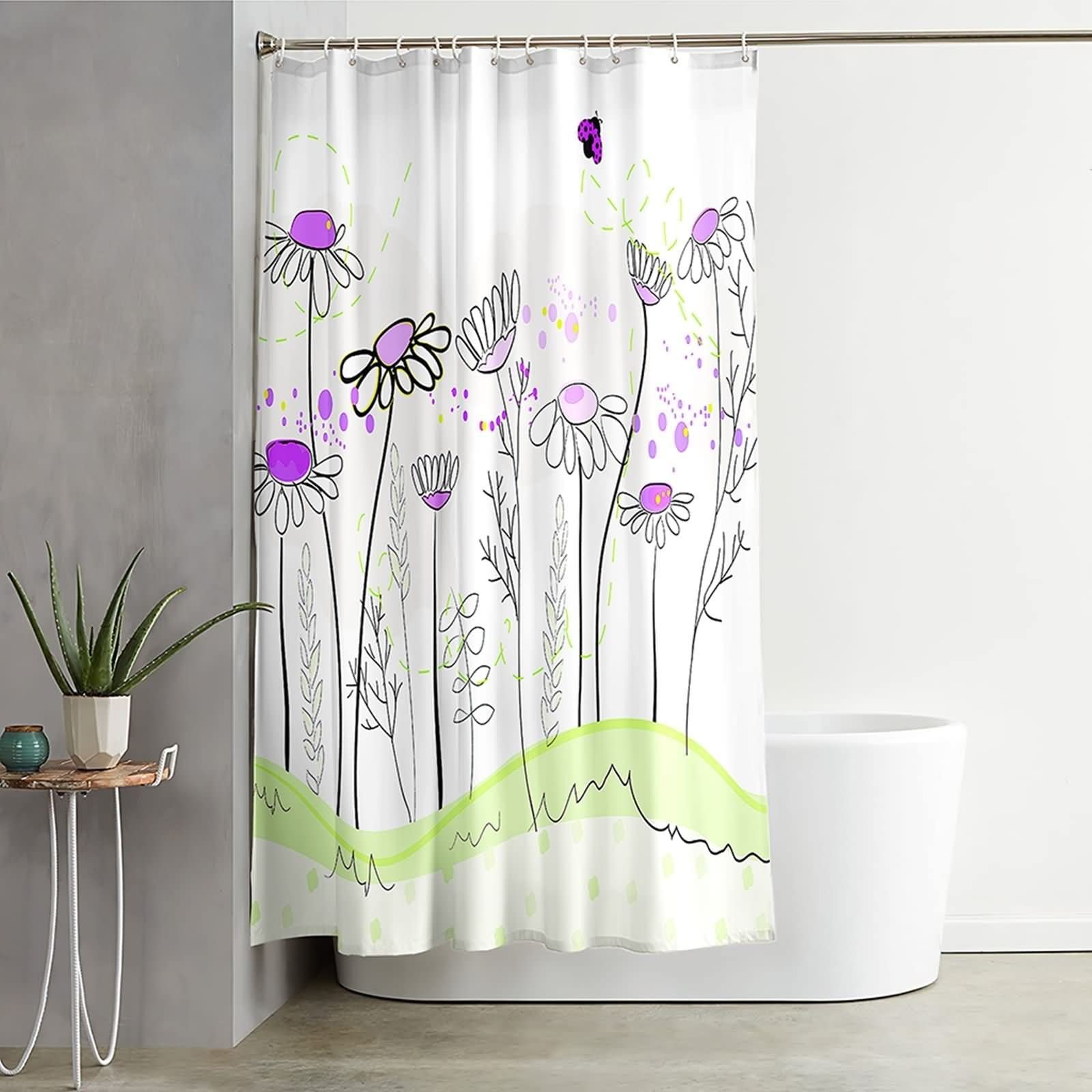 Duschvorhang 180X200, Duschvorhang Polyester Mehrfarbig Blumen und Grasmuster Duschvorhang für Damen