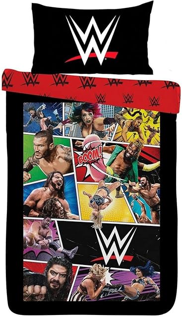 dreamtex WWE Royal Rumble Reversible Duvet Quilt Cover Childrens Wrestling Fan Bedding Boys Girls Gift OFFICIAL (Single), Black/Red