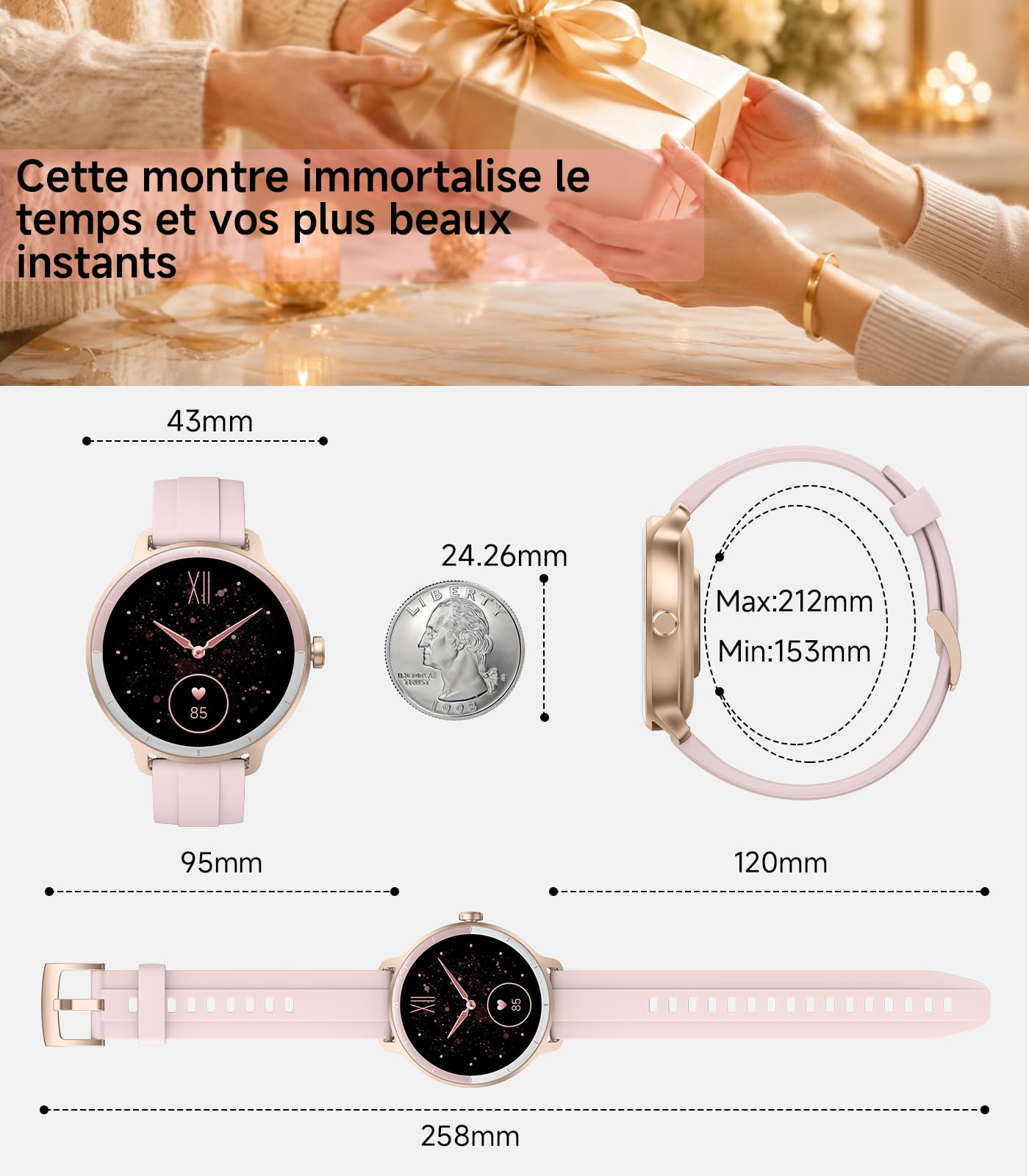 Montre intelligente femme,ultra-mince 0,39",suivi 24H | Appels Bluetooth, ip68 étanche, fréquence cardiaque / cycle Tracker, 100 + modes sportifs, compatible Android / iPhone