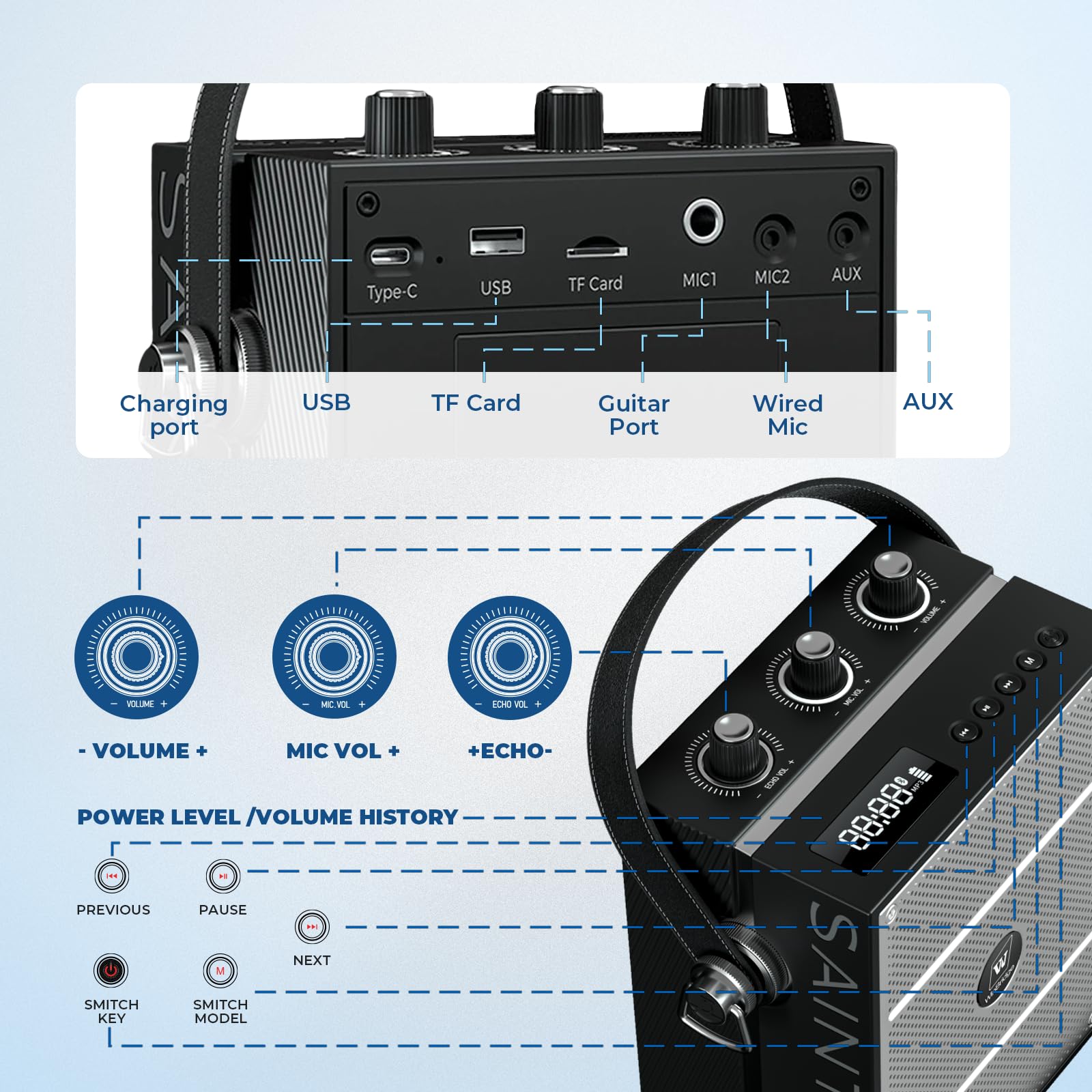 Drahtloser Sprachverstärker mit Handmikrofon, Tragbare Bluetooth-Lautsprechermikrofone mit Lehrern & Events, Kabelloses Karaoke-Mikrofon zum Singen, PA-System mit Echo- & Soundeffekten S98 Pro