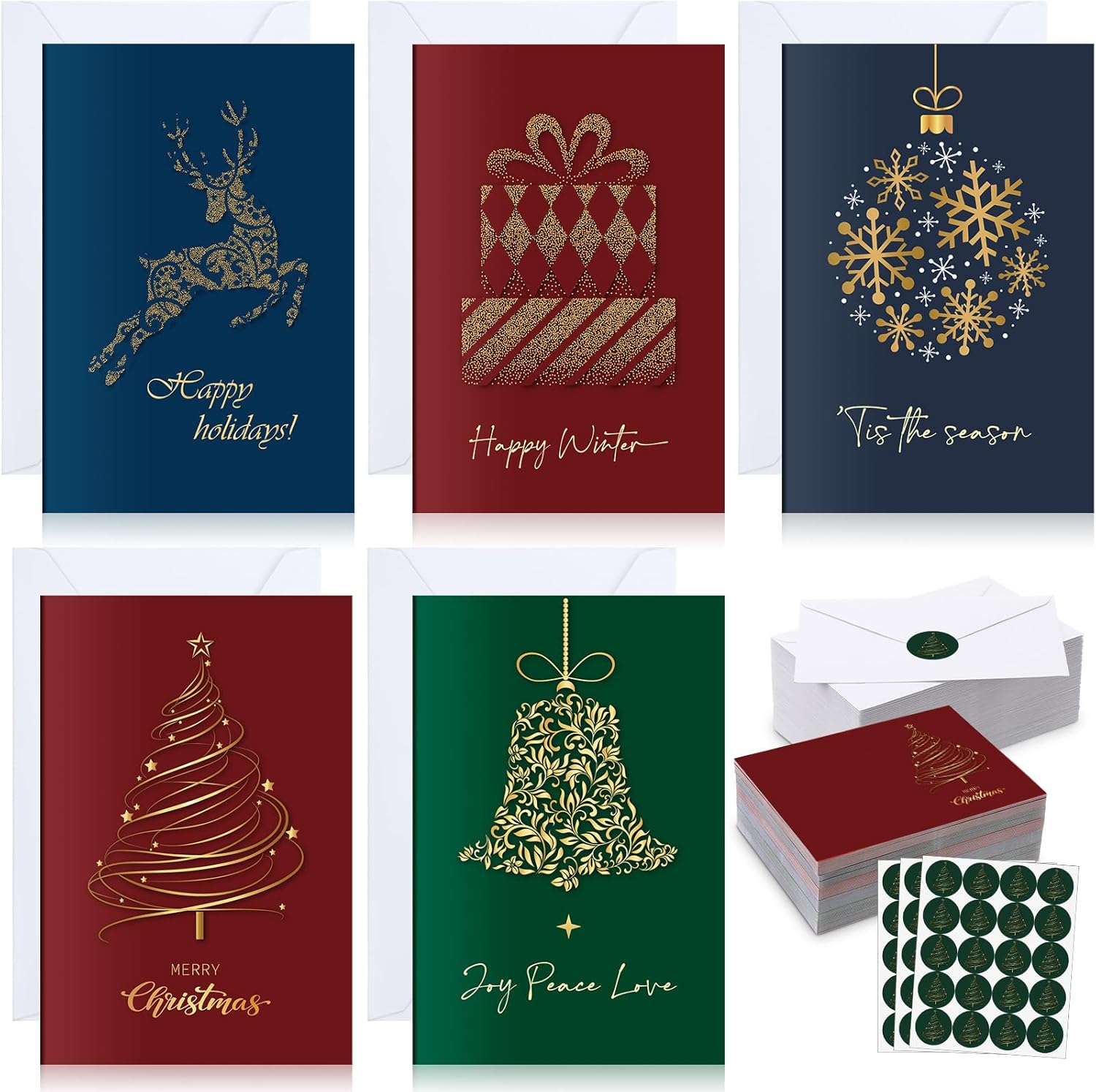 Epakh 100 Pack Gold Foil Christmas Greeting Cards with White Envelopes and Stickers Happy Holidays Xmas Tree 5 Design Assorted Blank Note Cards for Winter Festival Party Supplies Gift