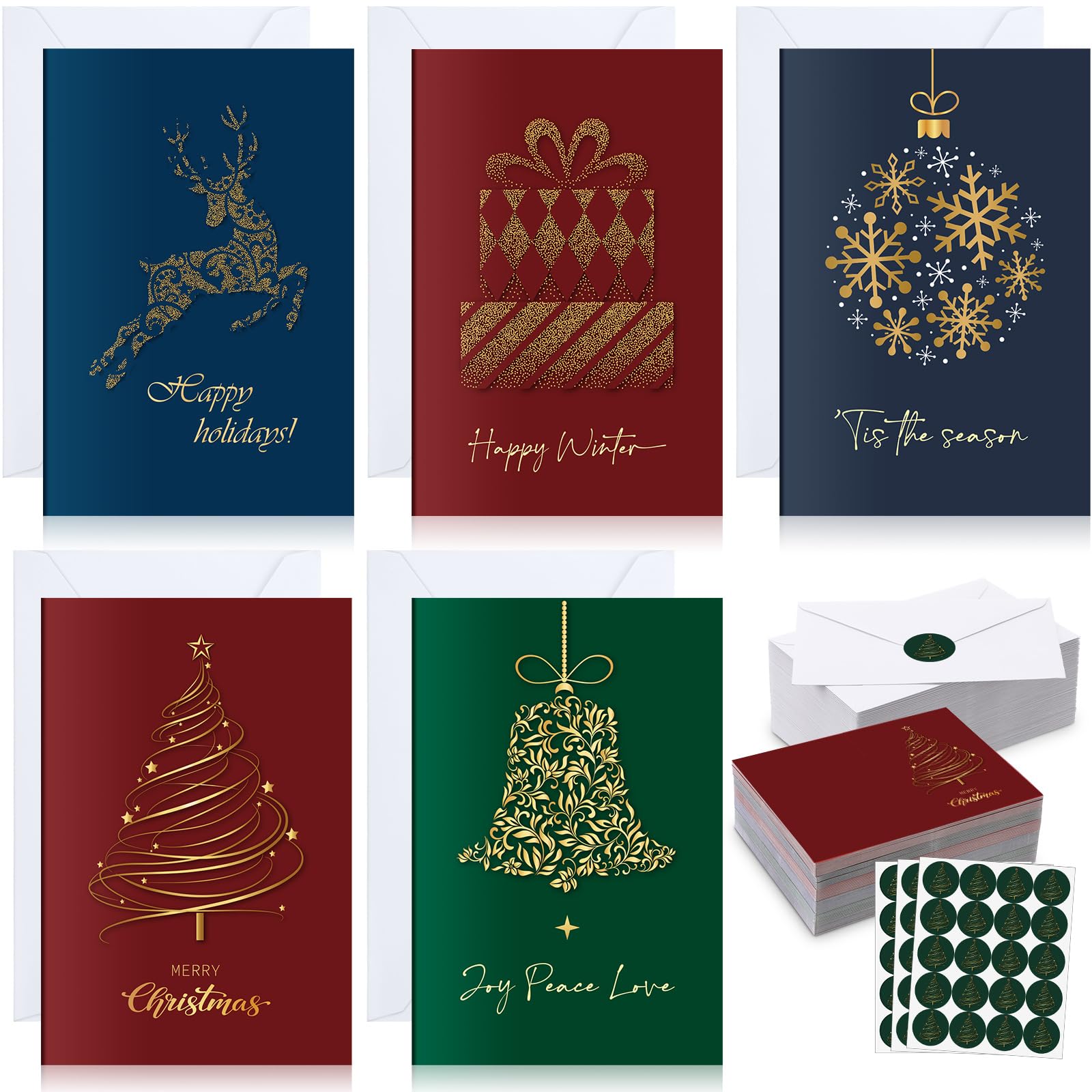 Epakh Lot de 100 cartes de vœux de Noël en feuille d'or avec enveloppes blanches et autocollants, motif arbre de Noël, 5 motifs assortis, cartes vierges pour festival d'hiver, fournitures de fête