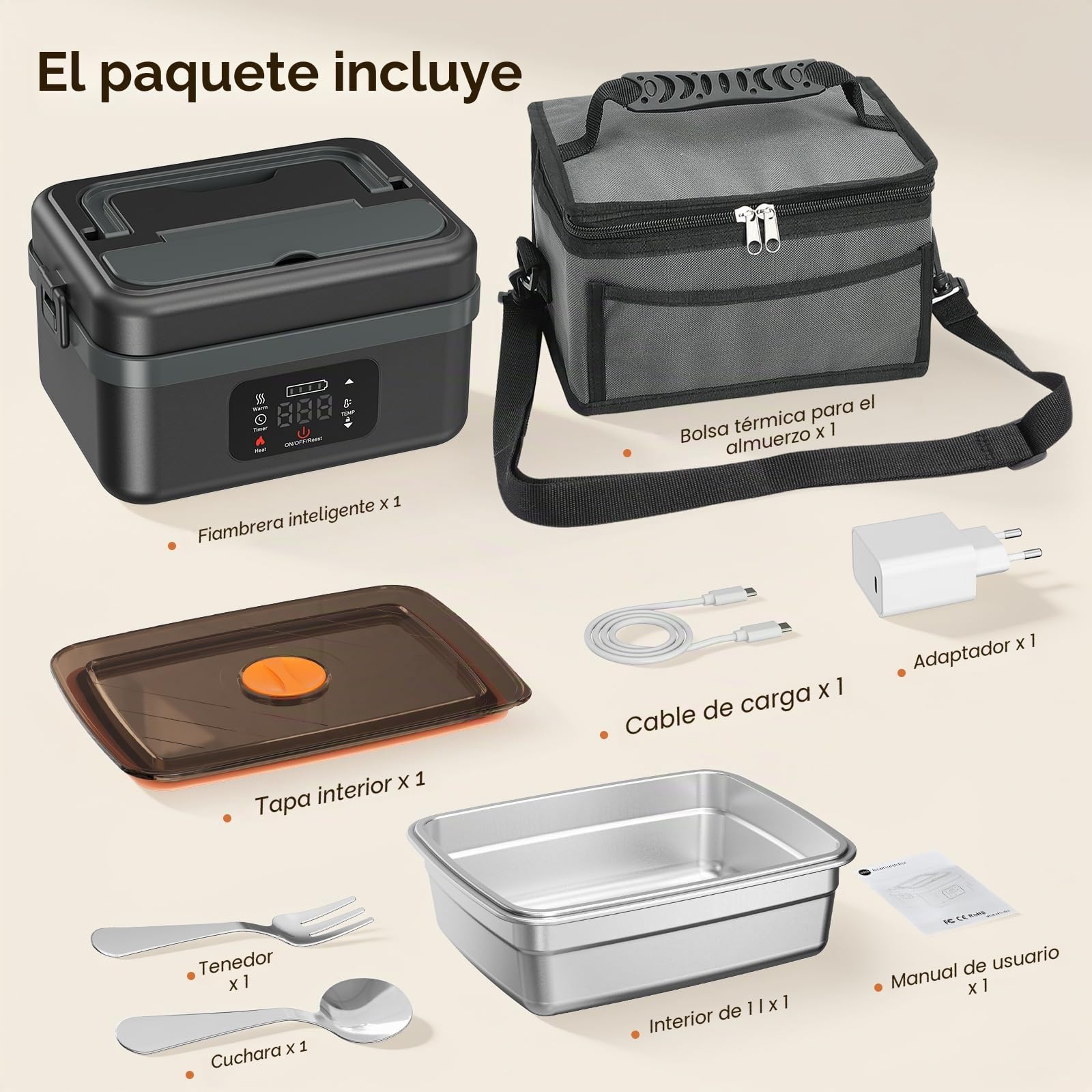 Fiambrera Electrica,Calentador de Comida Portatil 1L para Comida con Pantalla Táctil,Taper Termico Comida Caliente con Vajilla de Acero Inoxidable y Bolsa Aislante para Coche(Negro y gris)