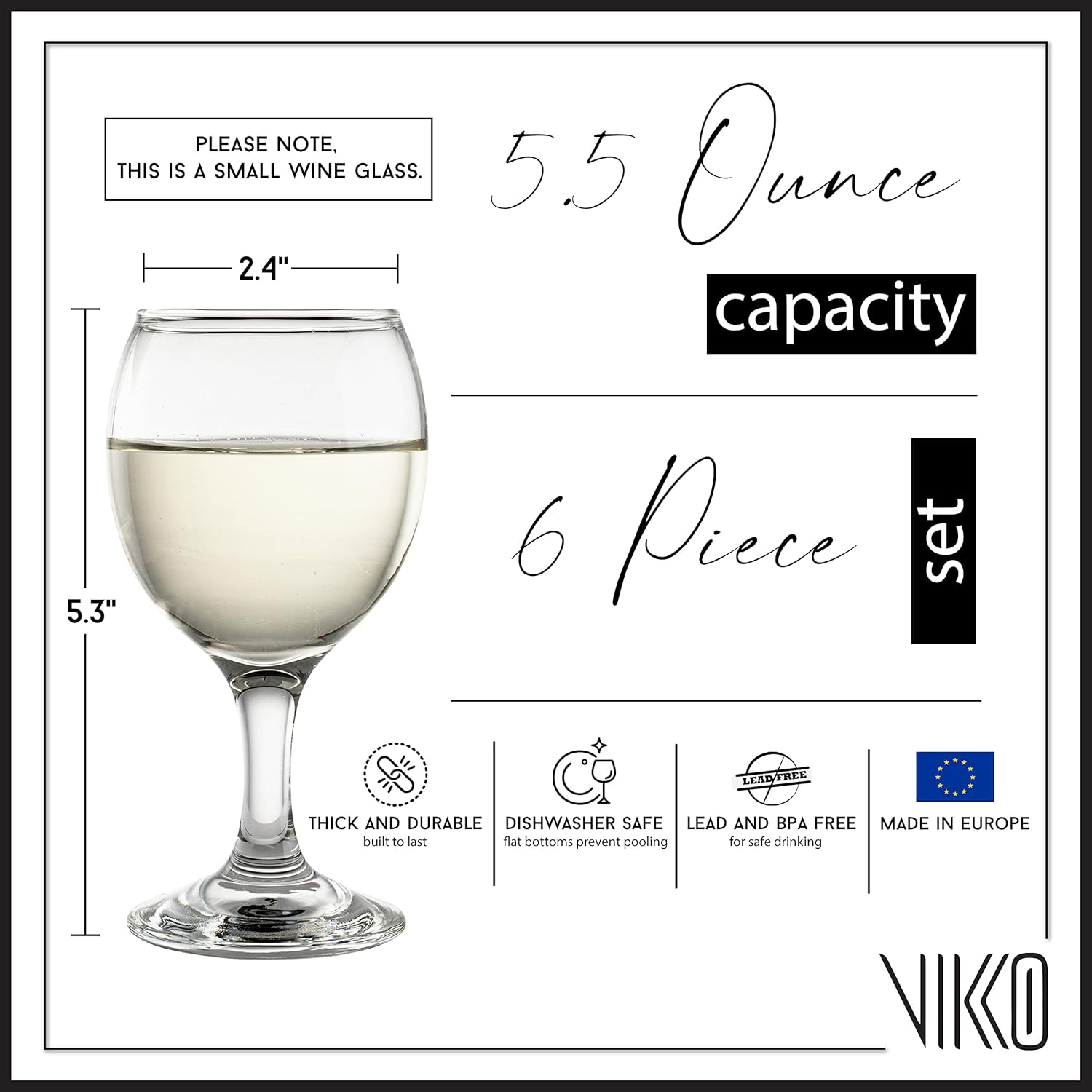Vikko 5.5-Oz SMALL Wine Glasses, Set of 6 Beautiful Round Dessert Wine Glasses, Durable Stemmed Glass Dishwasher Safe Thick Base