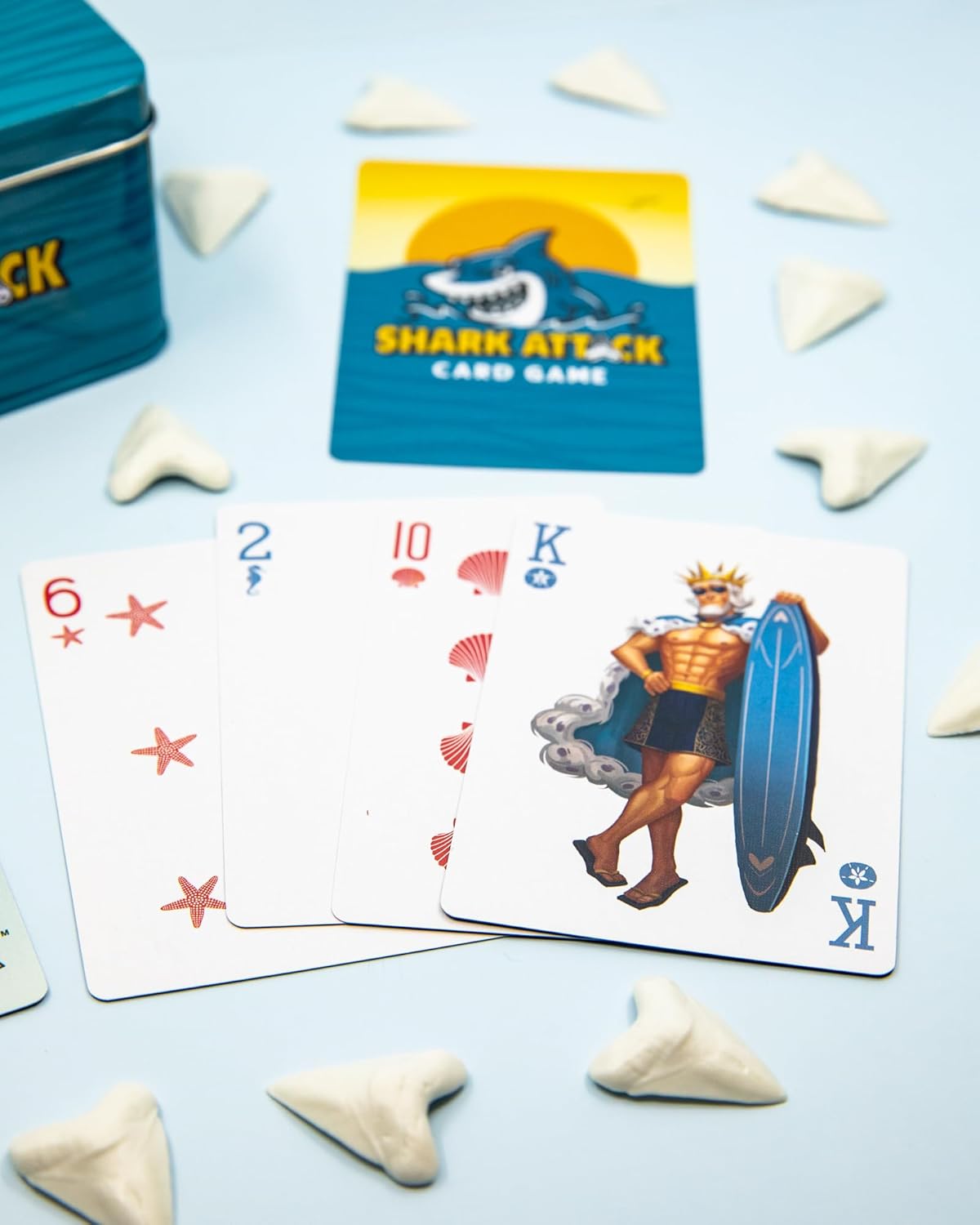 Shark Attack Card Game – Fast-Paced Family Strategy Game for All Ages, 2–6 Players, Includes 52 Cards & Shark Teeth Tokens in Durable Tin – Beach & Travel Game