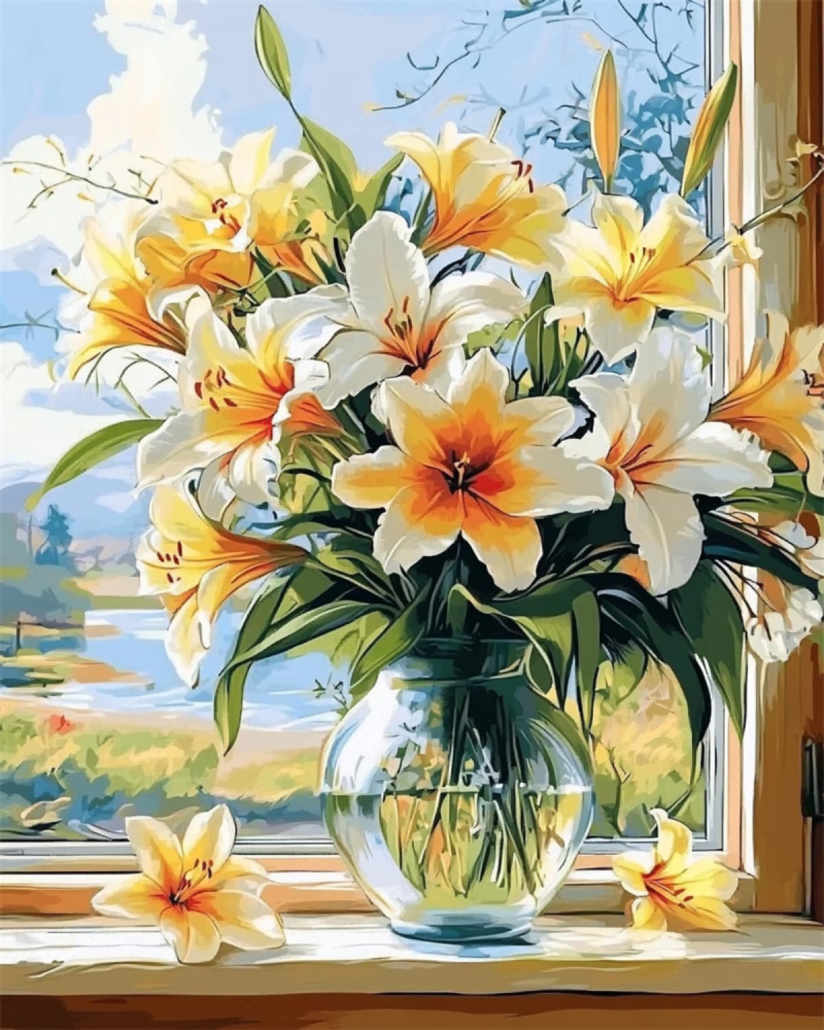 RKFLGEW DIY Perlenstickerei Set Mit Perlen Vollbild Lilien In Einer Vase Perlenstickerei-Set，Einfaches Kreuzstich-Sets Für Erwachsene Und Anfänger Für Handarbeiten 30x40cm