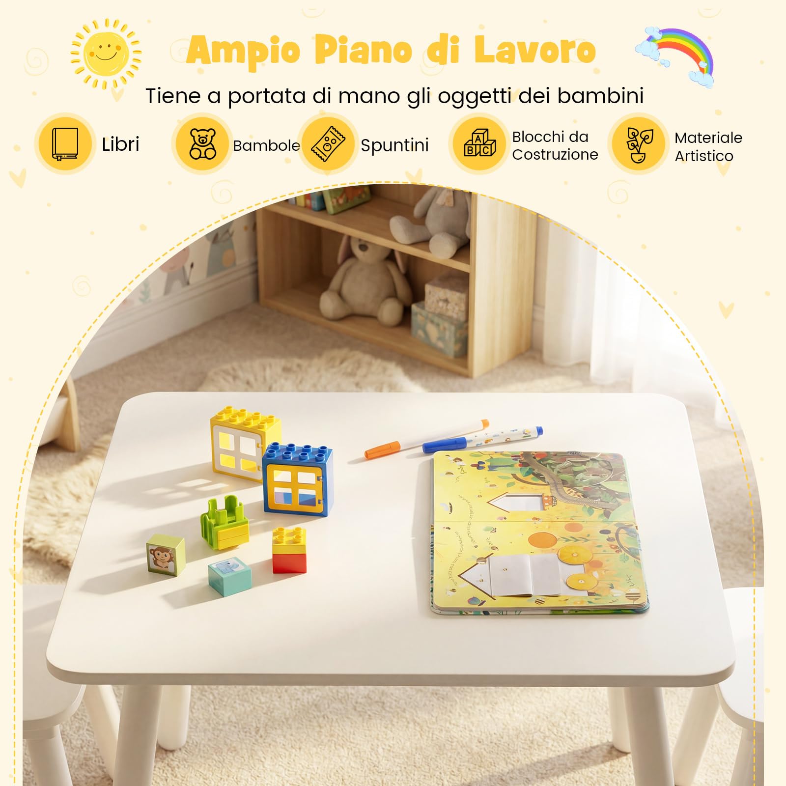 COSTWAY Set Tavolo e 2 Sedie per Bambini, Tavolo Attività con Schienali a Spindola Curvi, Sedute Rotonde e Gambe in Legno Massello, Tavolino per Bambini 3+ Anni per Disegno, Gioco e Studio (Bianco) - 5