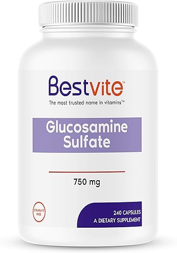 BESTVITE Sulfato de glucosamina 750 mg por cápsula (240 cápsulas), sin estearatos, sin gluten, sin OMG, soporte para las articulaciones