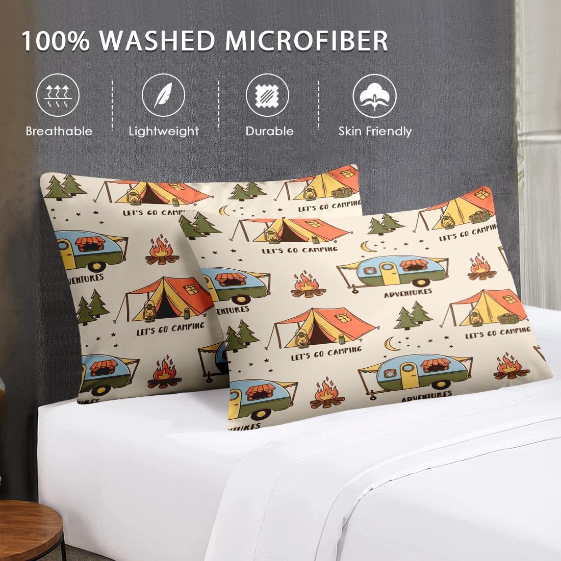 WeCozy 3 Pcs Twin Size Bed Sheet Sets with Pillowcase, Camping Retro Summer Camp Soft Microfiber Bedding for Kids and Adults, Forest Nature Rv Flat, Fitted Sheet for Bedroom Bed Decor