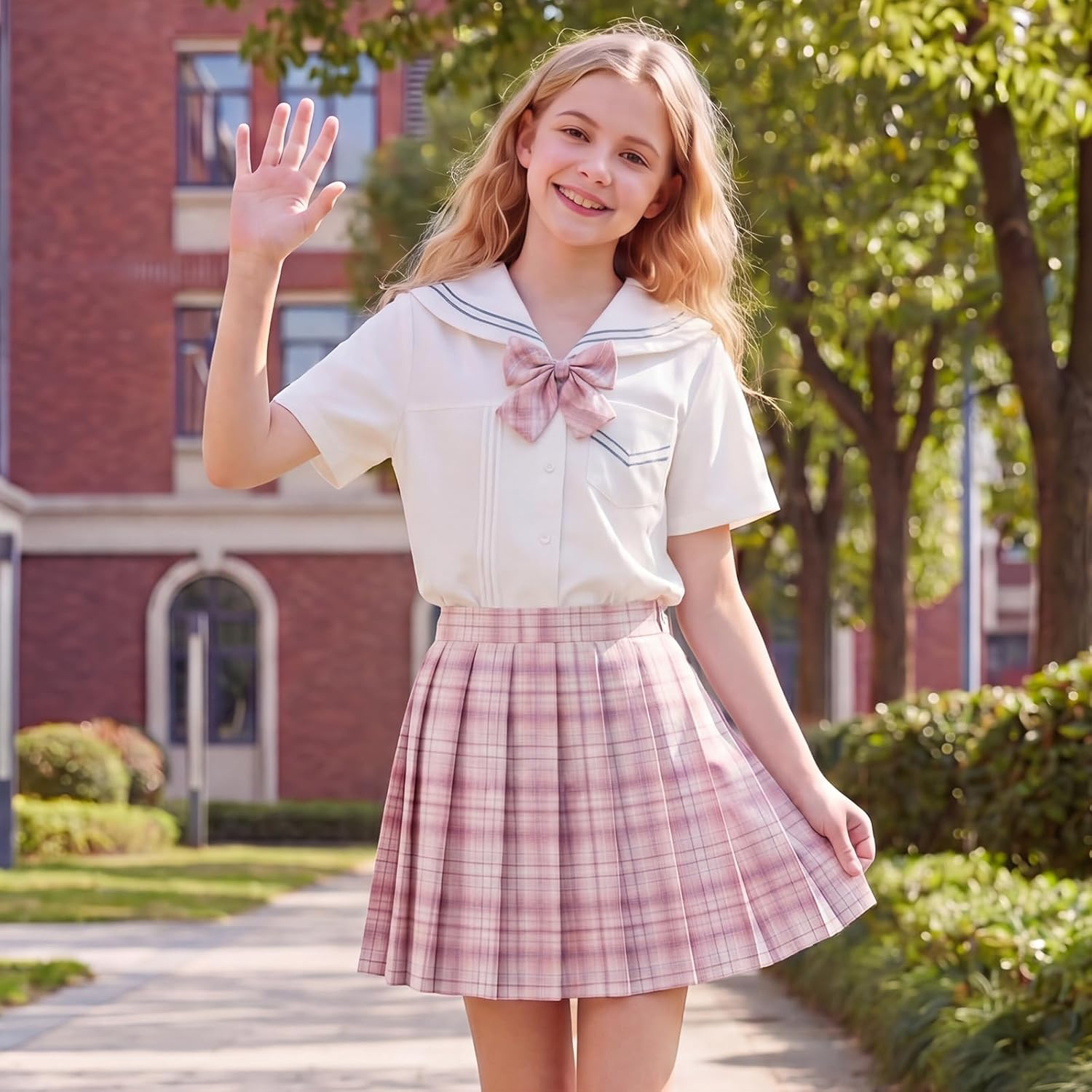 2-Piece Girls Plaid Skirt Set School Uniform JK Outfit - Short Sleeve Shirt with Bow & Pleated Skirt 4T-14Y image 4