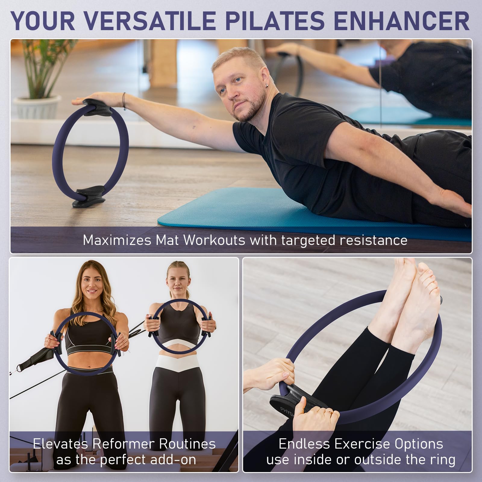 PhysKcal Anello per Pilates 38 cm, con Manici Imbottiti Extra Spessi, Attrezzatura per tonificare l'interno Coscia, Foglio di Allenamento Incluso
