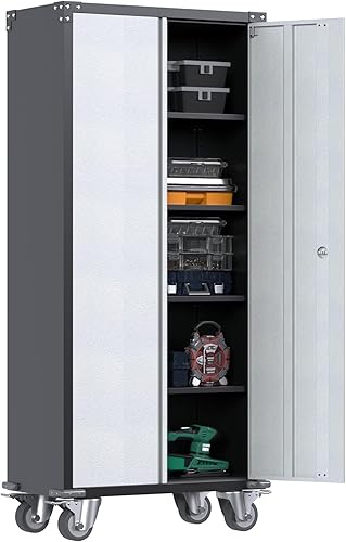 Armario de metal con bloqueo de 71 pulgadas con 2 puertas y 4 estantes ajustables, armario de almacenamiento de garaje con cerradura sobre ruedas,