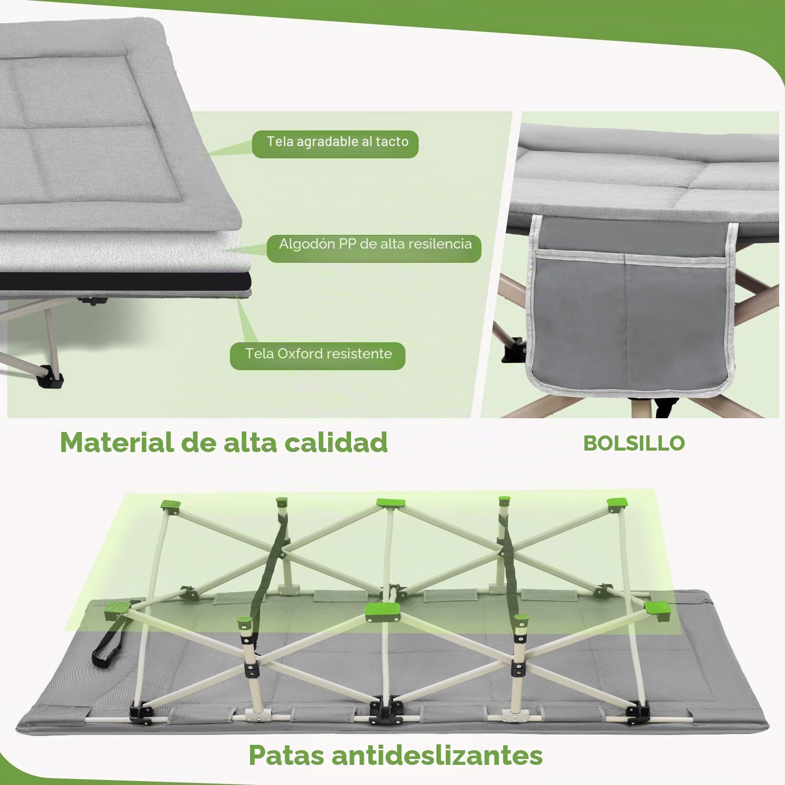 Cama plegable de camping, capacidad de carga cama plegable cama de invitados, cama plegable/tumbona de camping con colchón, bolsillos laterales, respaldo ajustable, 190 x 68 x 40 cm – hasta