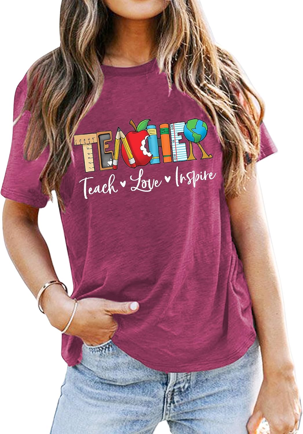 Teach T Shirt for Women Teacher Graphic Tees Tops Teach Inspire Letter Print Shirts Tops