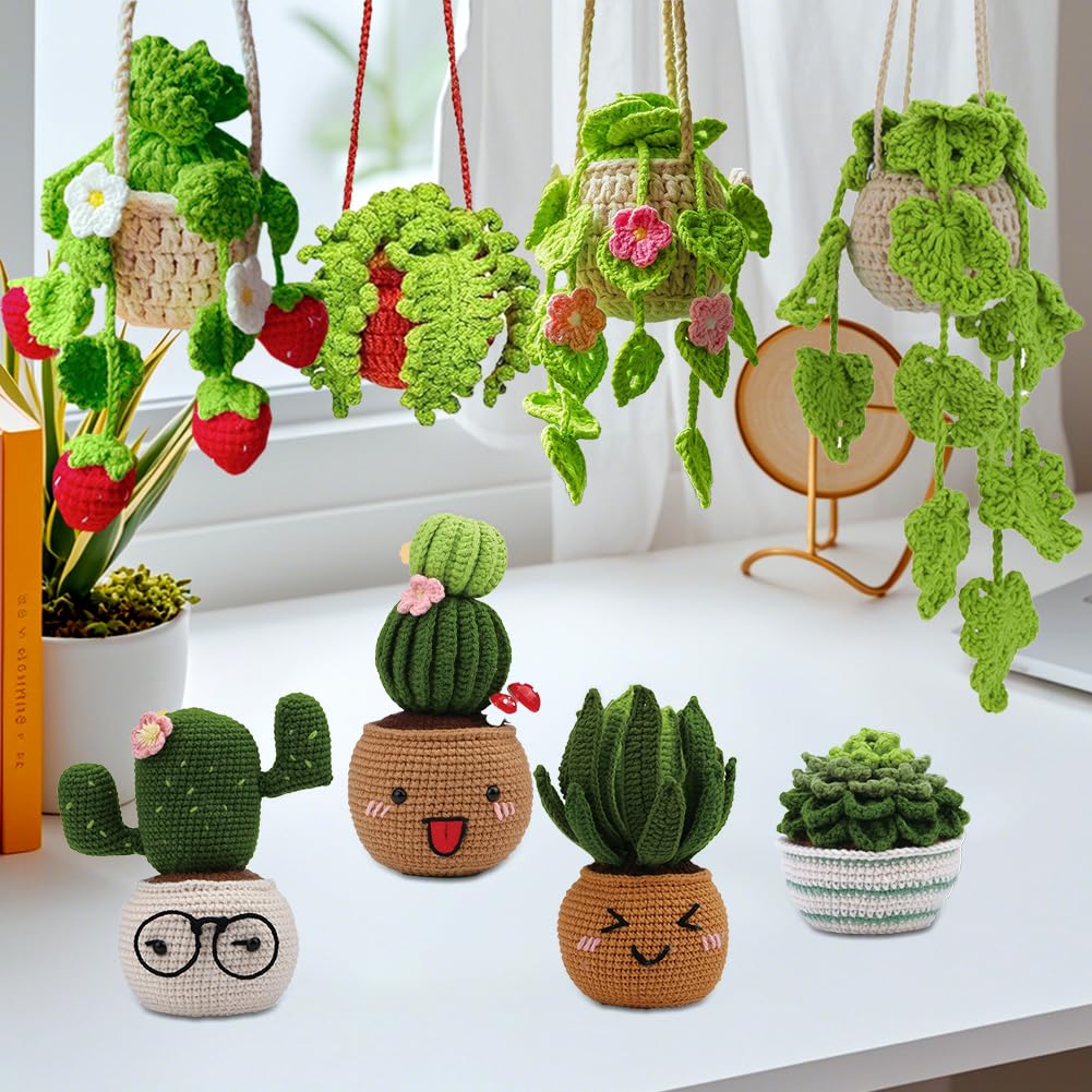 FARYODI Set all'uncinetto per principianti, cactus, fai da te, con uncinetto, filato, imbottitura, pennarelli, kit fai da te, con istruzioni per adulti e bambini