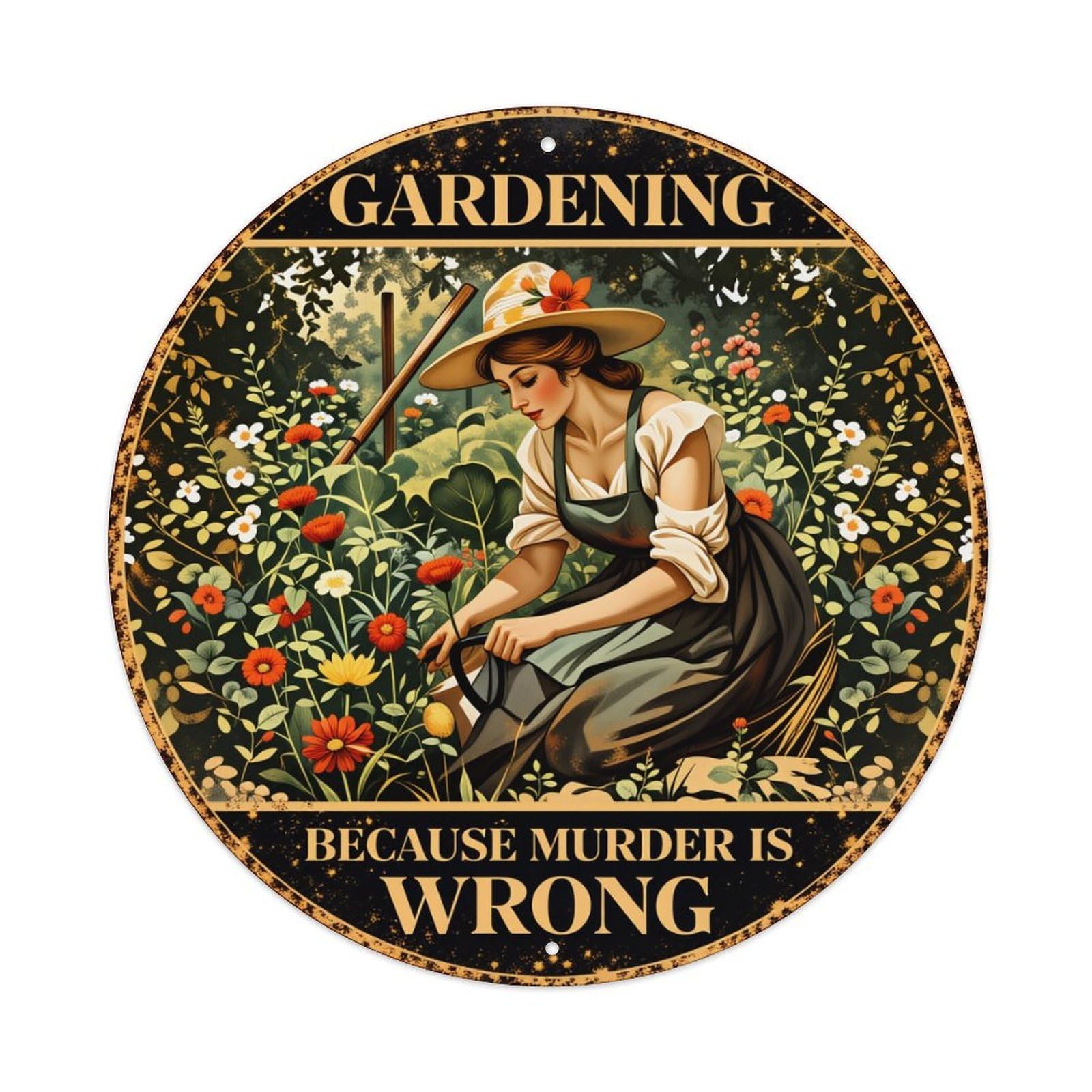 Gardening Woman Flowers Tools Nature Round Tin Sign Vintage Style Metal Sign Home Bar Garden Wall Plaque Decor Metal Poster 8x8 Inch