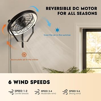Wall Mounted Fan with Lights, 23 Wall Mount Fan with Remote, 6 Speeds Plug in Wall Fan, Reversible, 3CCT, Dimmable, Noiseless, 360Adjustable Tilt for Workshop, Patio, Home