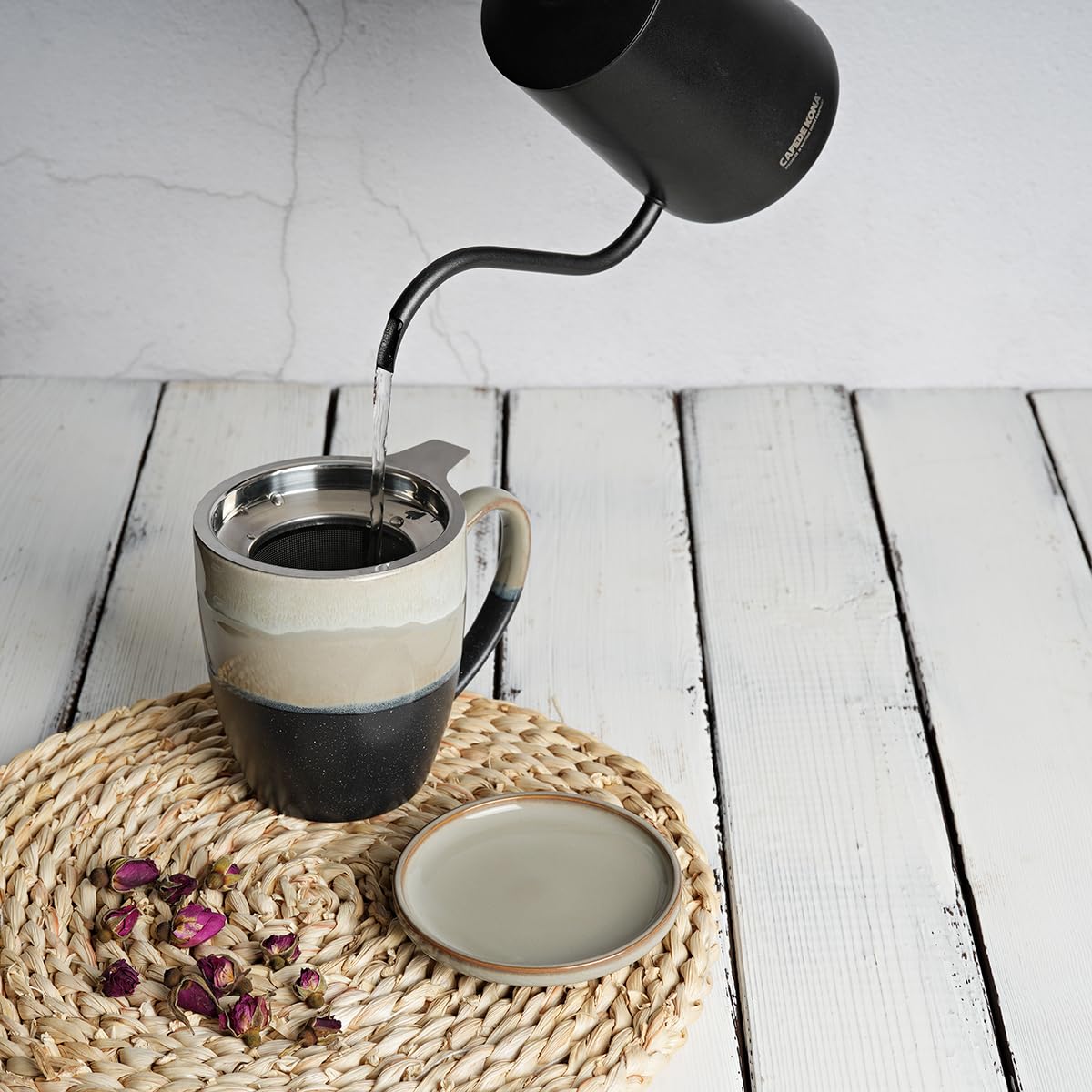 Bosmarlin Tasse à thé en céramique avec infuseur et couvercle, 473,6 g, 4 couleurs au choix, passe au lave-vaisselle et au micro-ondes, tasse à thé avec passoire, glaçage réactif, (gris)