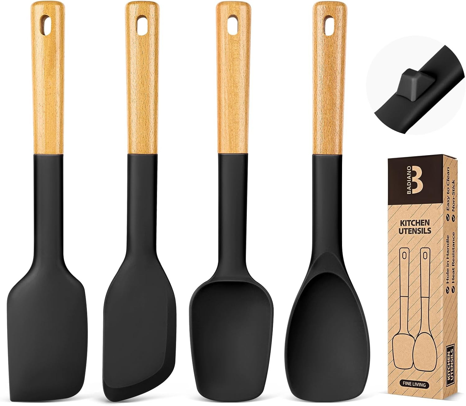 BADIANO Silicone Spatula Spoon Set 4-Pack - Heat-Resistant BPA-Free Spoonulas with Wooden Handles for Nonstick Cookware (Black)