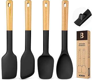 BADIANO Silicone Spatula Spoon Set 4-Pack - Heat-Resistant BPA-Free Spoonulas with Wooden Handles for Nonstick Cookware (Black)