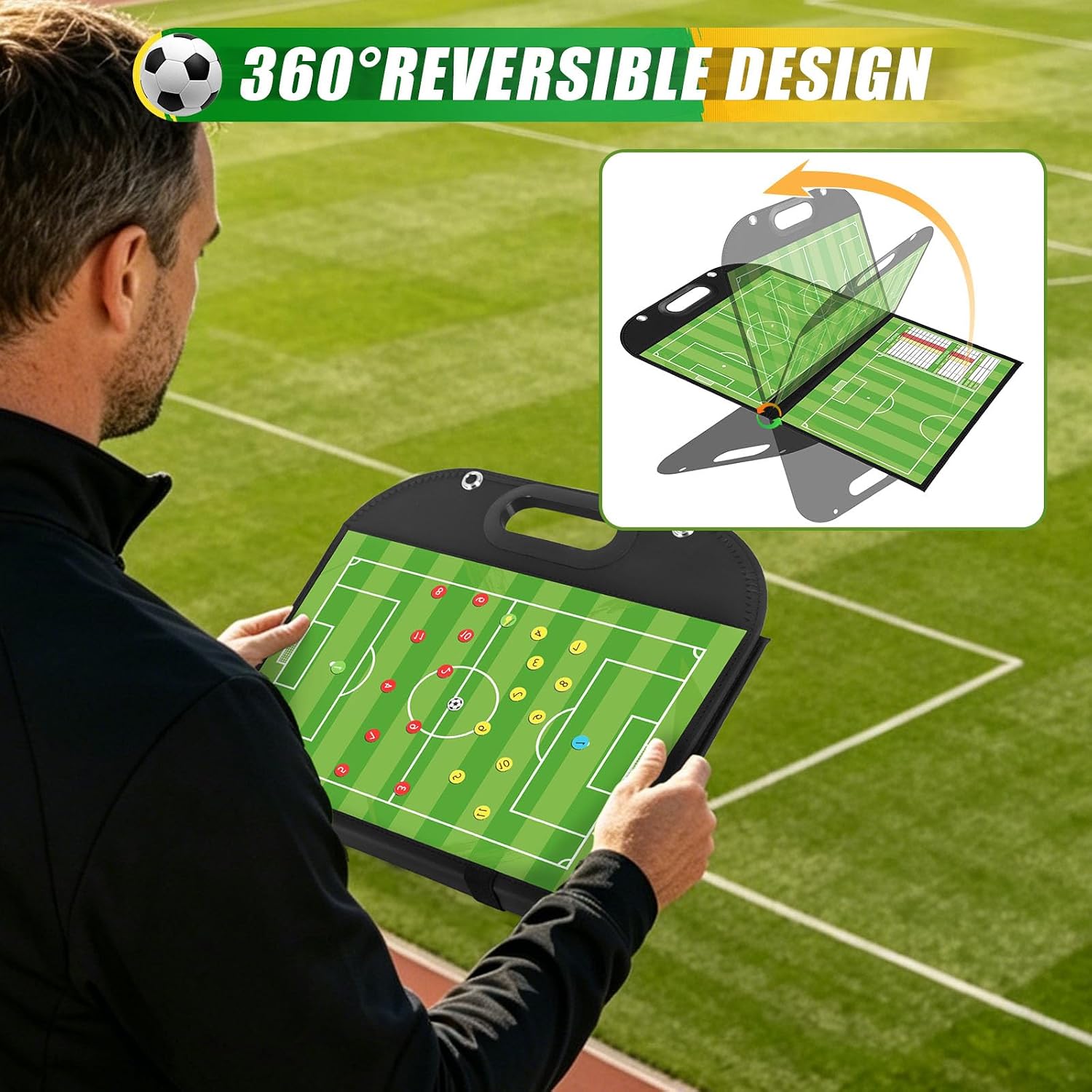 Magnetic Coaching Board – Foldable Dugout Display with Carry Handle, Leather-Covered Double-Sided Strategy & Lineup Planner for Baseball, Softball and Soccer