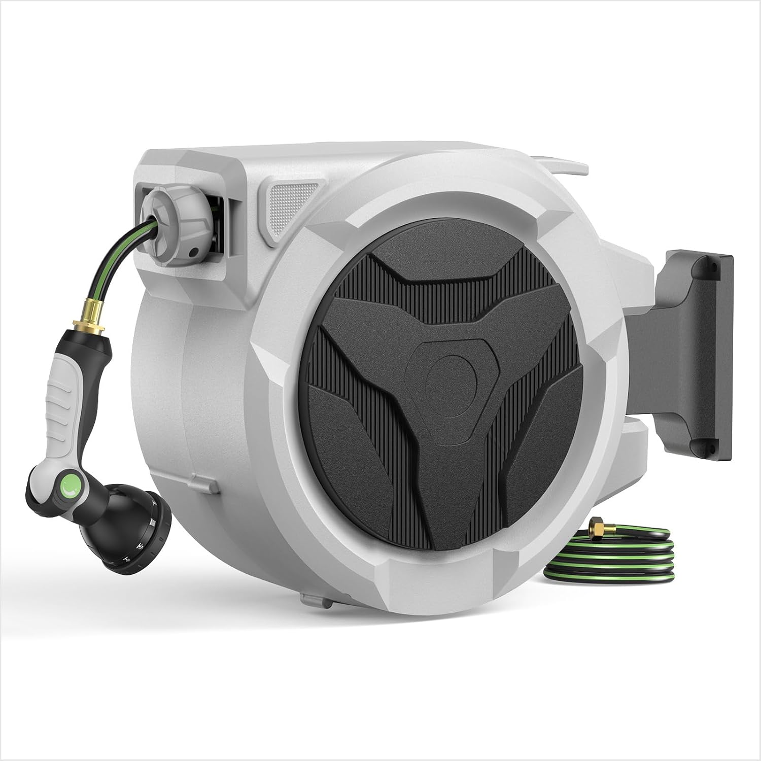 Retractable Hose Reel 100ft x 1/2 in, Wall Mounted Garden Hose Reel with Auto Rewind, 180° Swivel Bracket, UV Resistant Water Hose Reel with 10 Spray Nozzle, Heavy Duty for Outside Use