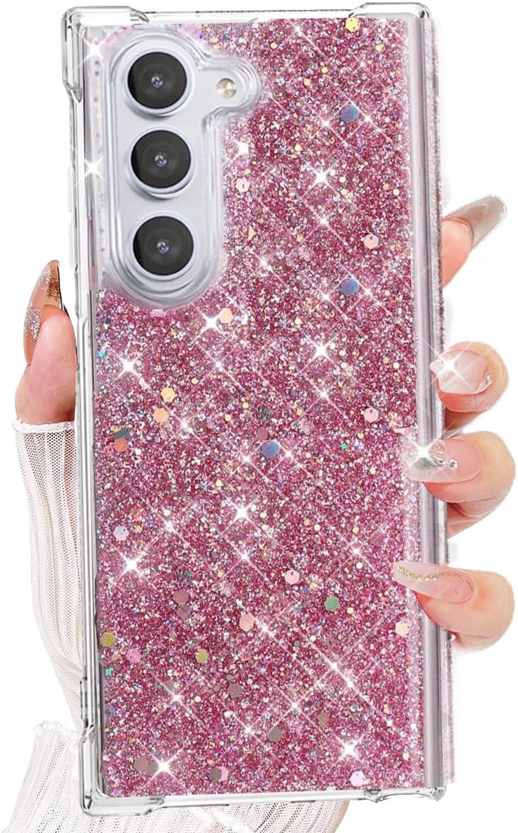 AuroiCYY for Samsung Galaxy Z Fold 7 Glitter Case, Shining Sparkle Cute Bling Shockproof Protective Soft TPU Bumper Hard PC Back Phone Cover for Women Girls for (Pink)