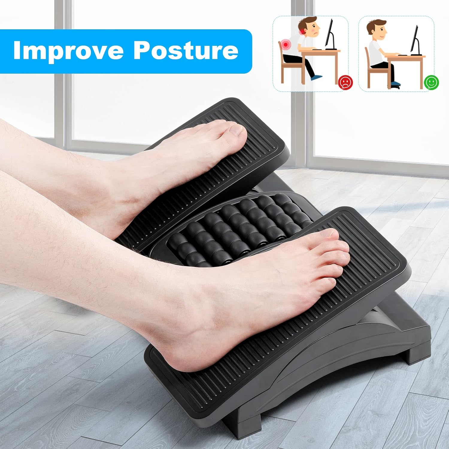 Adjustable Office Footrest for Under Desk Ergonomic Foot Stool Foot Rest Improves Posture and Circulation for Home Office with Massage Roller Non-Slip, Black : Office Products
