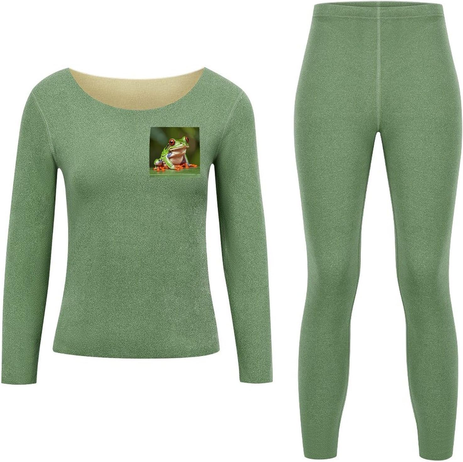 Women's Fleece Lined Thermal Set - Cold Weather Long Johns Ultra-Soft Red Eyed Frog Printed Base Layer