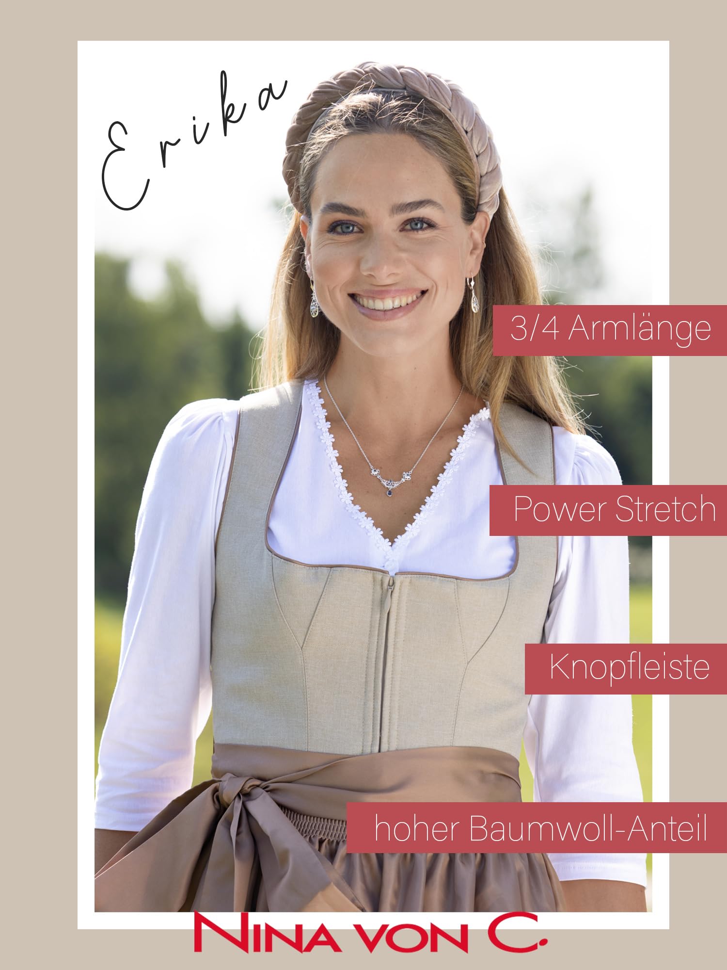 Nina von C Dirndl-Bluse 3/4 Arm Erika 97 471 427 0 | hoher Baumwollanteil | dezente Knopfleiste | leichte Puffärmel | 32-48 |