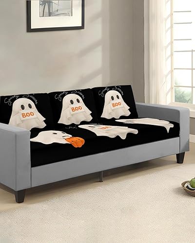 Miniatura 2 de Halloween Couch Cushion Covers, Stretch Sofa Cover with Elastic Bottom, Watercolor White Ghost Classic Black Sofa Slipcovers Protector Washable