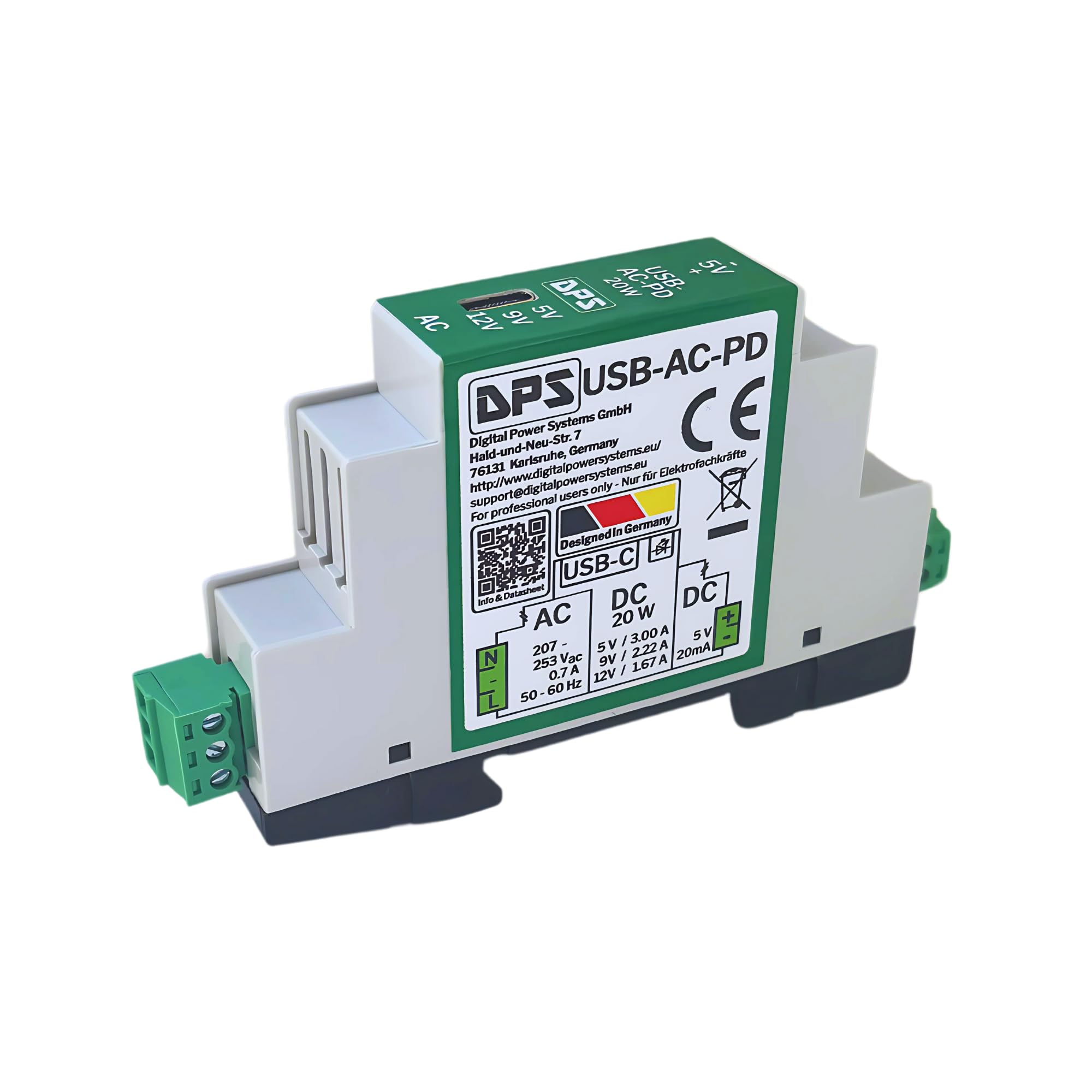 Bloc d'alimentation Rail DIN USB-C 230 V CA 20 W Power Delivery Protection Courts-Circuits Surtensions