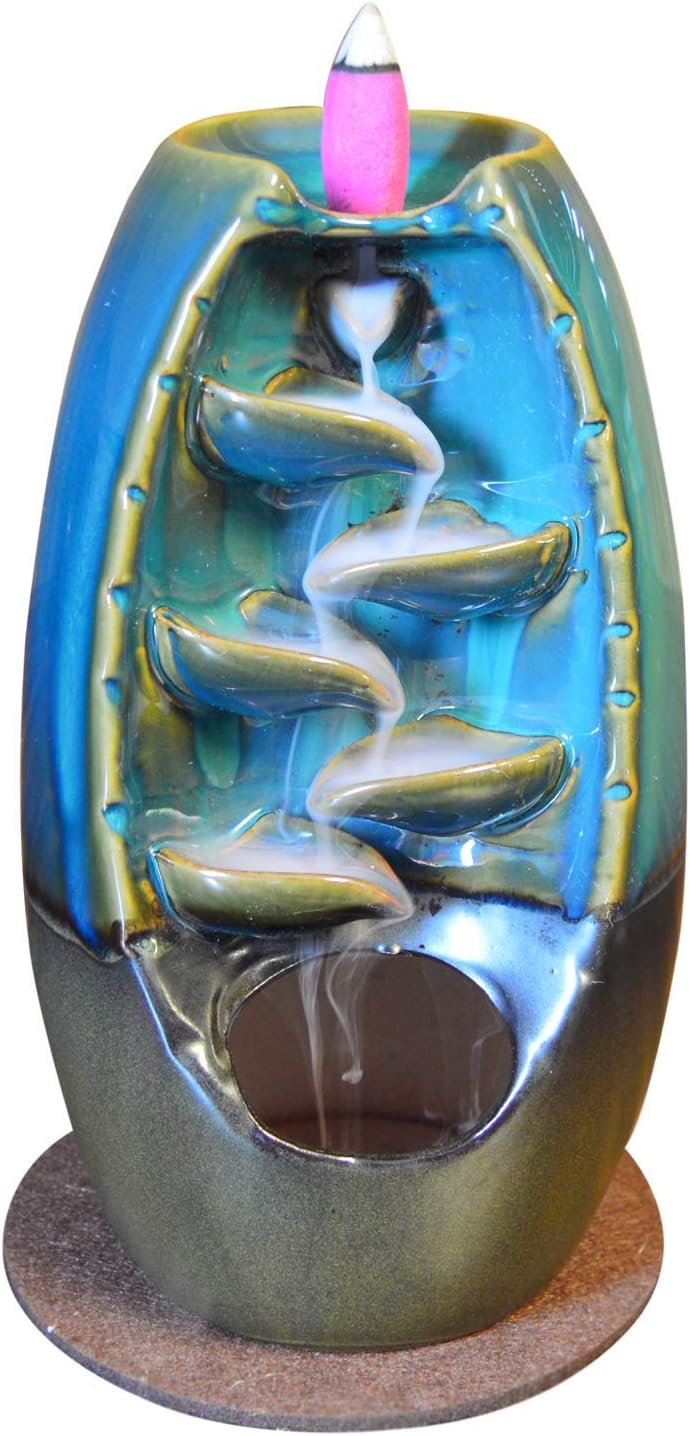 Ceramic Backflow Incense Burner, Attractive Home Decoration Incense Holder,Aromatherapy & Environment Cleansing, Comes with 120 Cones, 30 Incense Sticks & 1 Mat