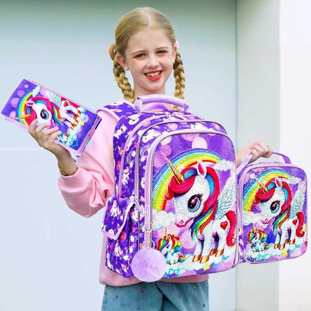 UFNDC 3PCS Unicorn Backpack for Girls, 16”Kids Sequin Bookbag with Lunch Box, Water Resistant School Bag for Elementary Preschool Toddler - Image 2