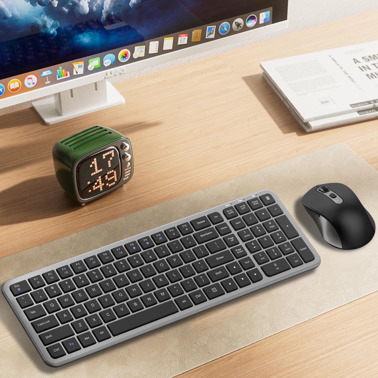 Leise Tastatur und Maus, kabellose Computertastatur in voller Größe mit Taschenrechner-Taste, 2400 DPI Maus, leises Klicken, ultradünnes kabelloses USB-Kit für Laptops, Windows, Mac, Grau