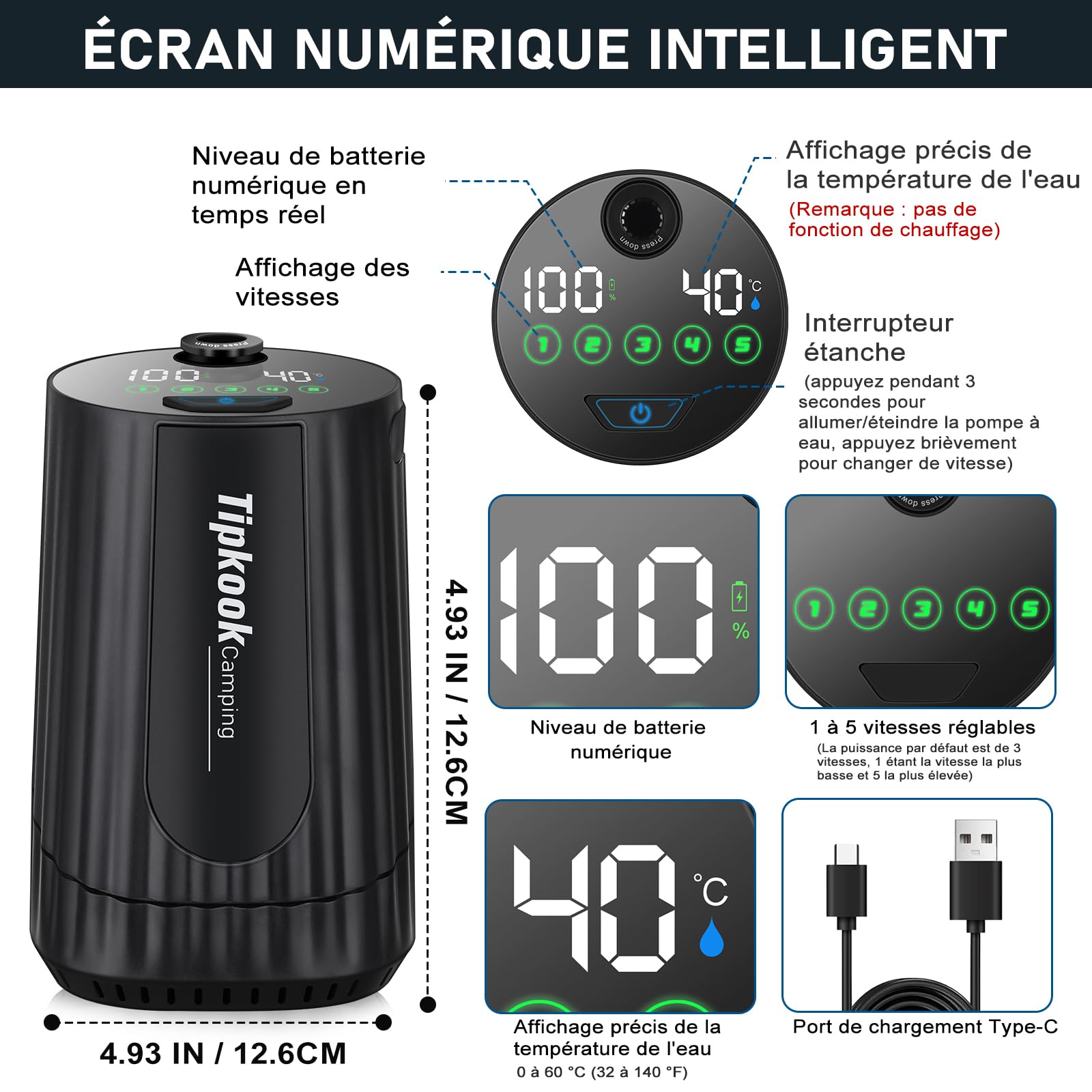 Douche Portable, [10000mAh] Douche de Camping,Électrique Rechargeable,Imperméable, avec Afficheur Intelligent et Pomme de Douche 5 Modes pour Extérieure,Camping,Randonnée