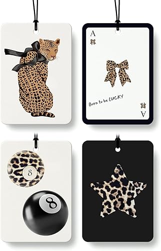 Ambientador retro moderno de leopardo para automóvil, 4 piezas, lazo coqueta, estampado de guepardo, estrella de la suerte, 8 bolas, ambientador