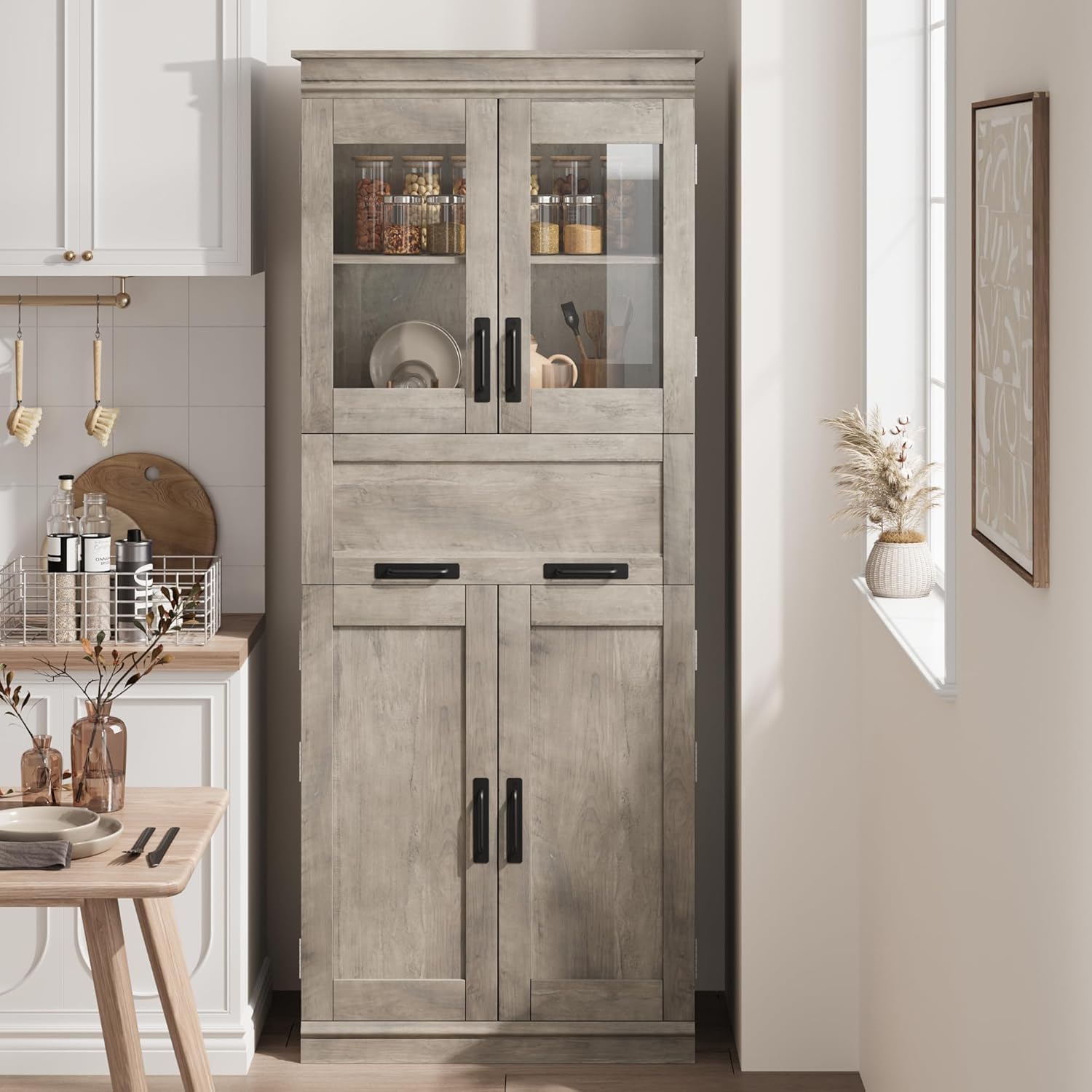 170 cm Küchenschrank aus holz mit 2 Holztüren und 2 Glastüren,Mehrzweckschrank et 4 Fächern,Vorratsschrank/Buffetschrank mit Hochziehschublade,Hochschrank Für Küche, Wohnzimmer, Badezimmer (Grau)