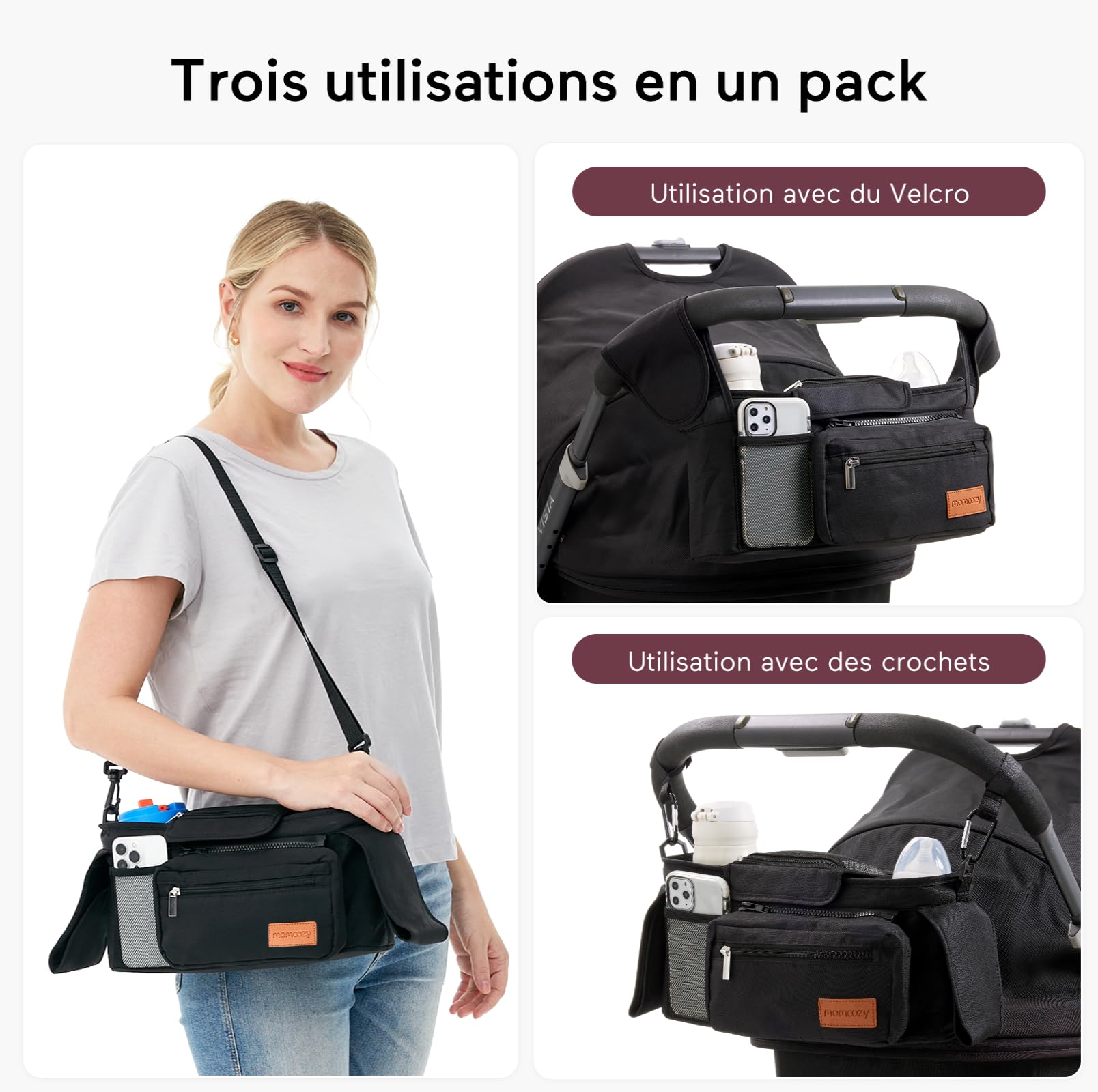 Momcozy Organisateur de Poussette avec 2 Porte-Gobelets Isolés, Sac de Rangement Universel Noir