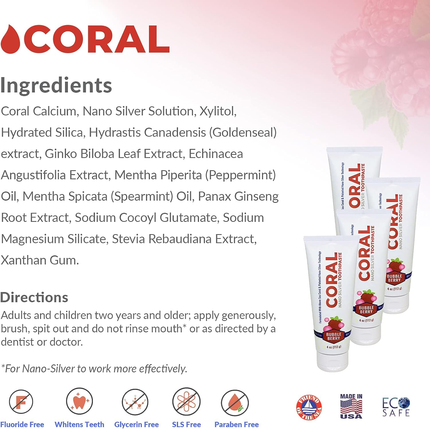 Coral Nano Silver Bubble Berry Fluoride Free Toothpaste, Natural Fluoride Free Teeth Whitening Toothpaste, Coral Calcium Nano Silver Infused SLS Glycerin Free 4 Ounce