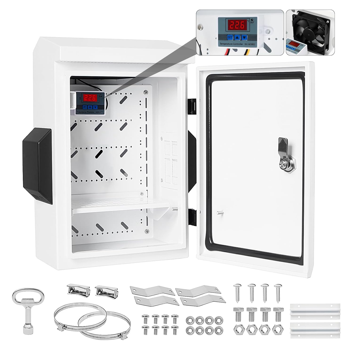 Outdoor Electrical Box with Key Lock, Aluminum Alloy Back Beam with M10 Sliding Groove, 12V Cooling Fan & Temperature Controller Included, Cold-Rolled Steel Electrical Box (15.75"x11.81"x5.91")