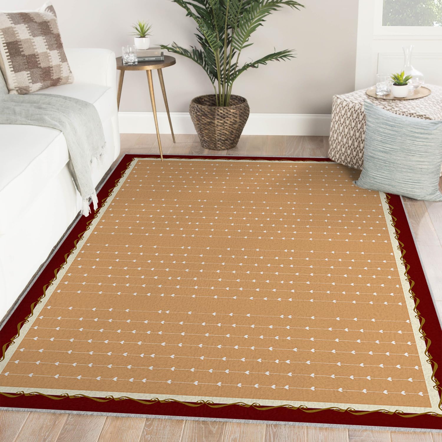Tapis marron 80x150cm rectangulaire à motifs cœur et rayures pour chambre